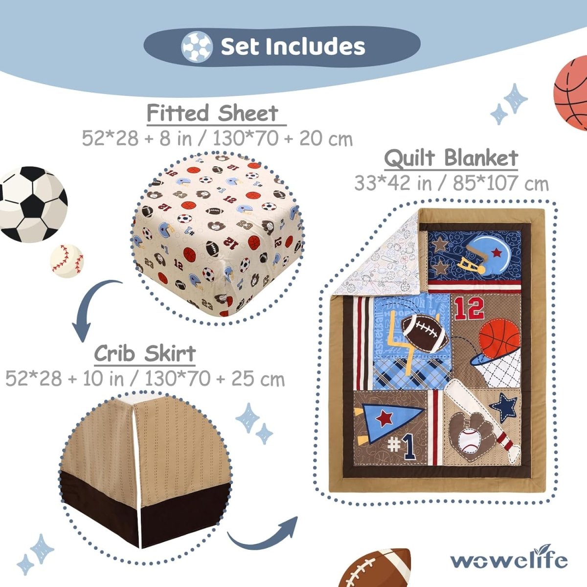 Wowelife Sports Crib Bedding Set, 3 Piece Baby Boy Crib Comforter Set, Baseball Basketball Soccer Nursery Crib Bed Set with Quilted Comforter, Crib Fitted Sheet and Bed Skirt, Brown - LittleTreasures