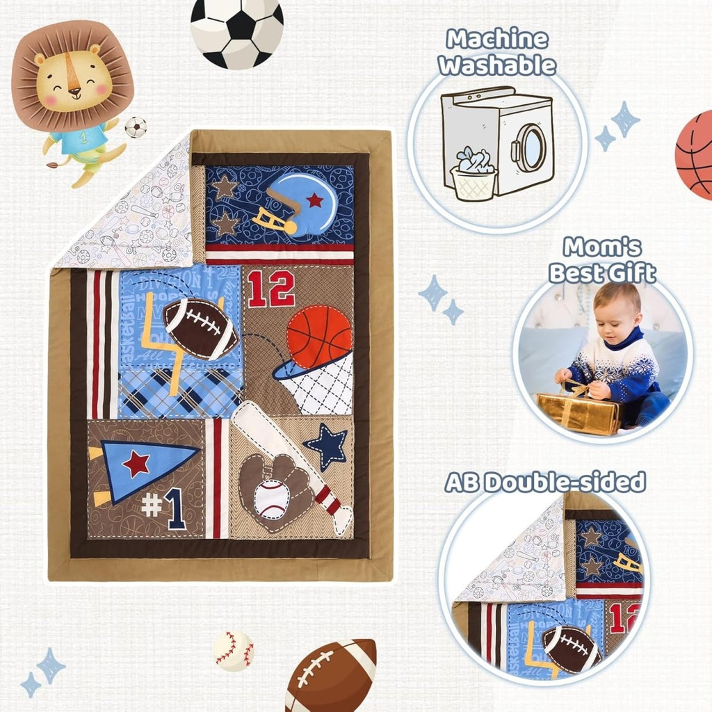 Wowelife Sports Crib Bedding Set, 3 Piece Baby Boy Crib Comforter Set, Baseball Basketball Soccer Nursery Crib Bed Set with Quilted Comforter, Crib Fitted Sheet and Bed Skirt, Brown - LittleTreasures